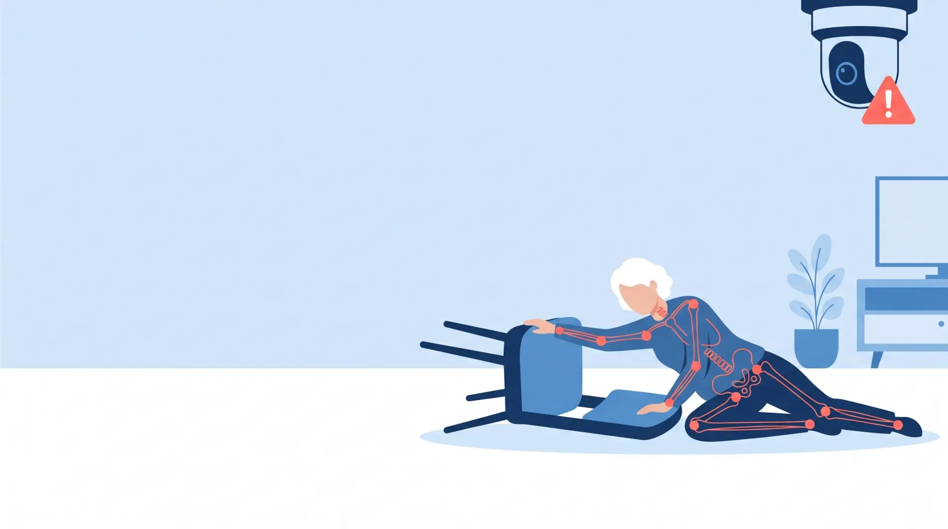 Ilustración de una persona mayor en el suelo junto a una silla volcada. Un esqueleto de puntos y líneas marca su postura y una cámara en el techo muestra una señal de alerta.