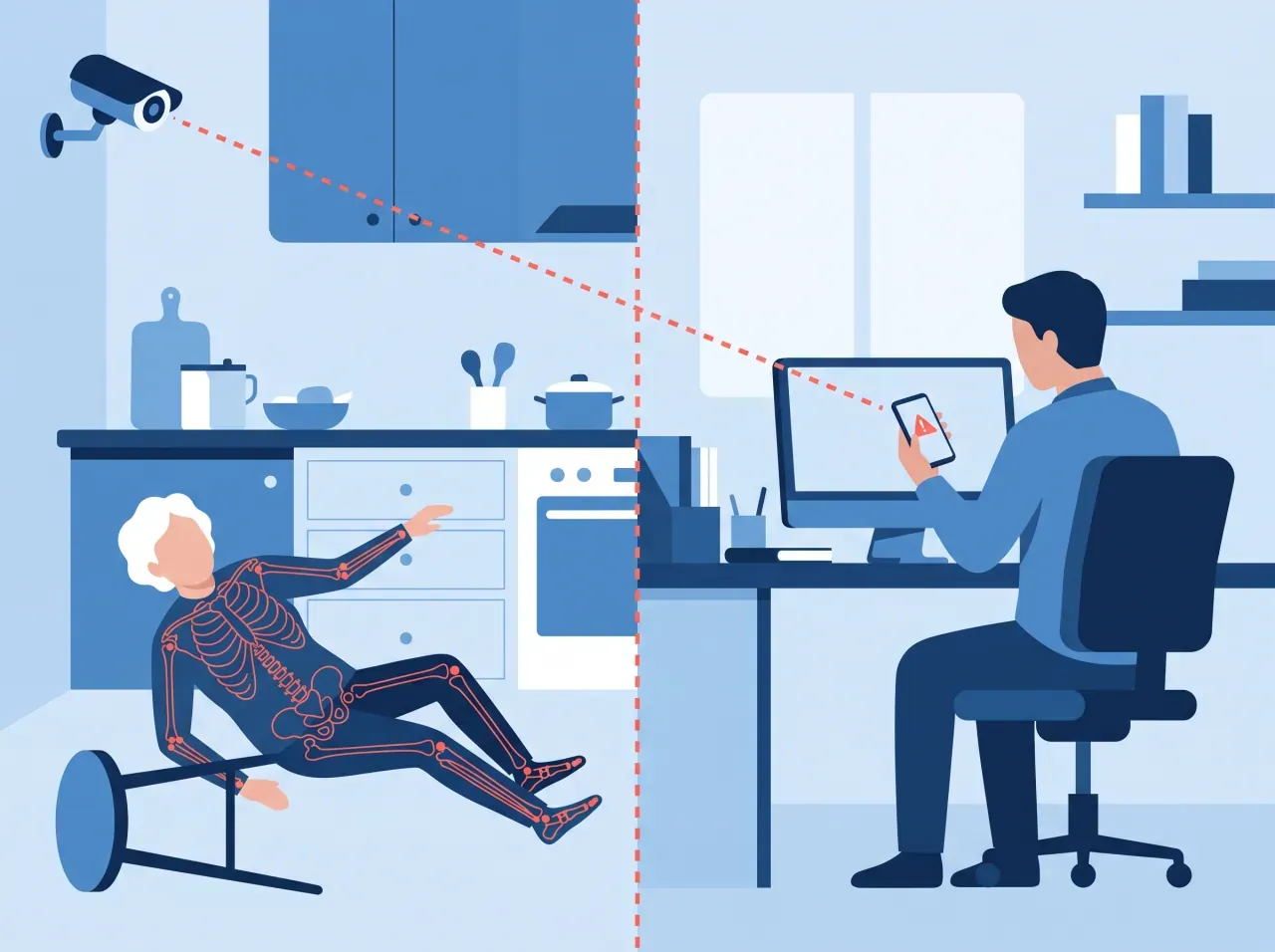 Ilustración dividida en dos: a la izquierda, una persona mayor cae en una cocina; a la derecha, un familiar sentado en su escritorio recibe el aviso en su celular.